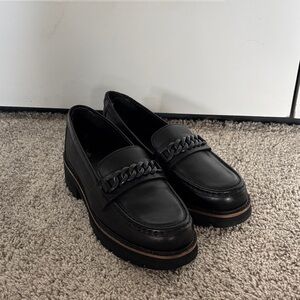 Clarks Black Leather Loafers with Chain Detail
